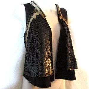NWT VANESSA BRUNO GILET Fancy SEQUIN Vest Fringe Metallic 1 BLACK Formal Clubwea